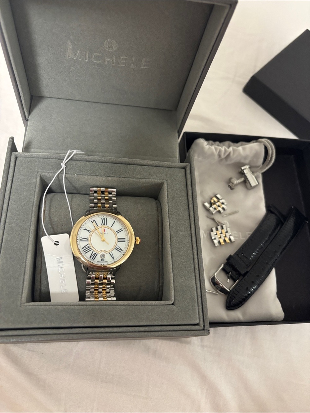 Michele Two-Tone Silver and Gold Bracelet Watch with Mother-of-Pearl Dial - Picture 9 of 9